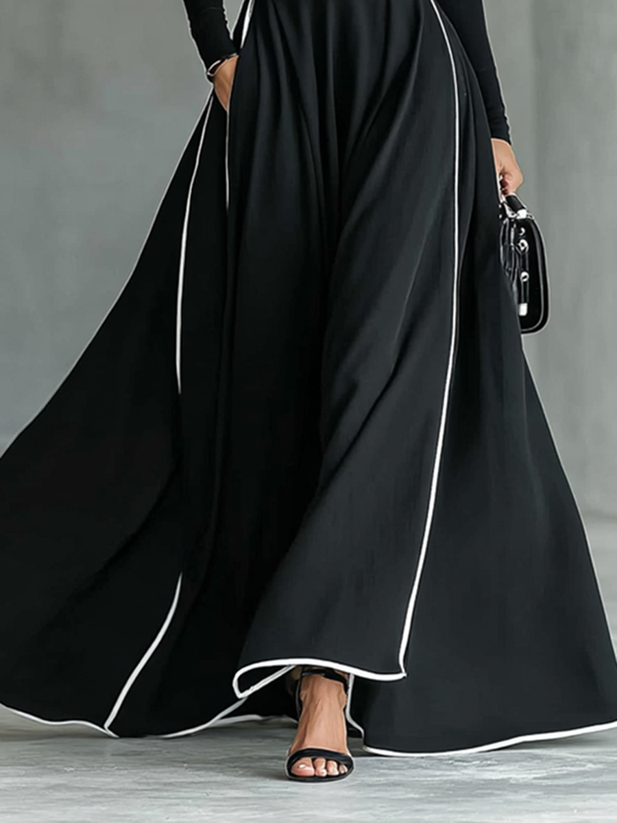 Black Maxi Dress for Women with White Stitching and High Collar, Long Sleeves, Slim Waist