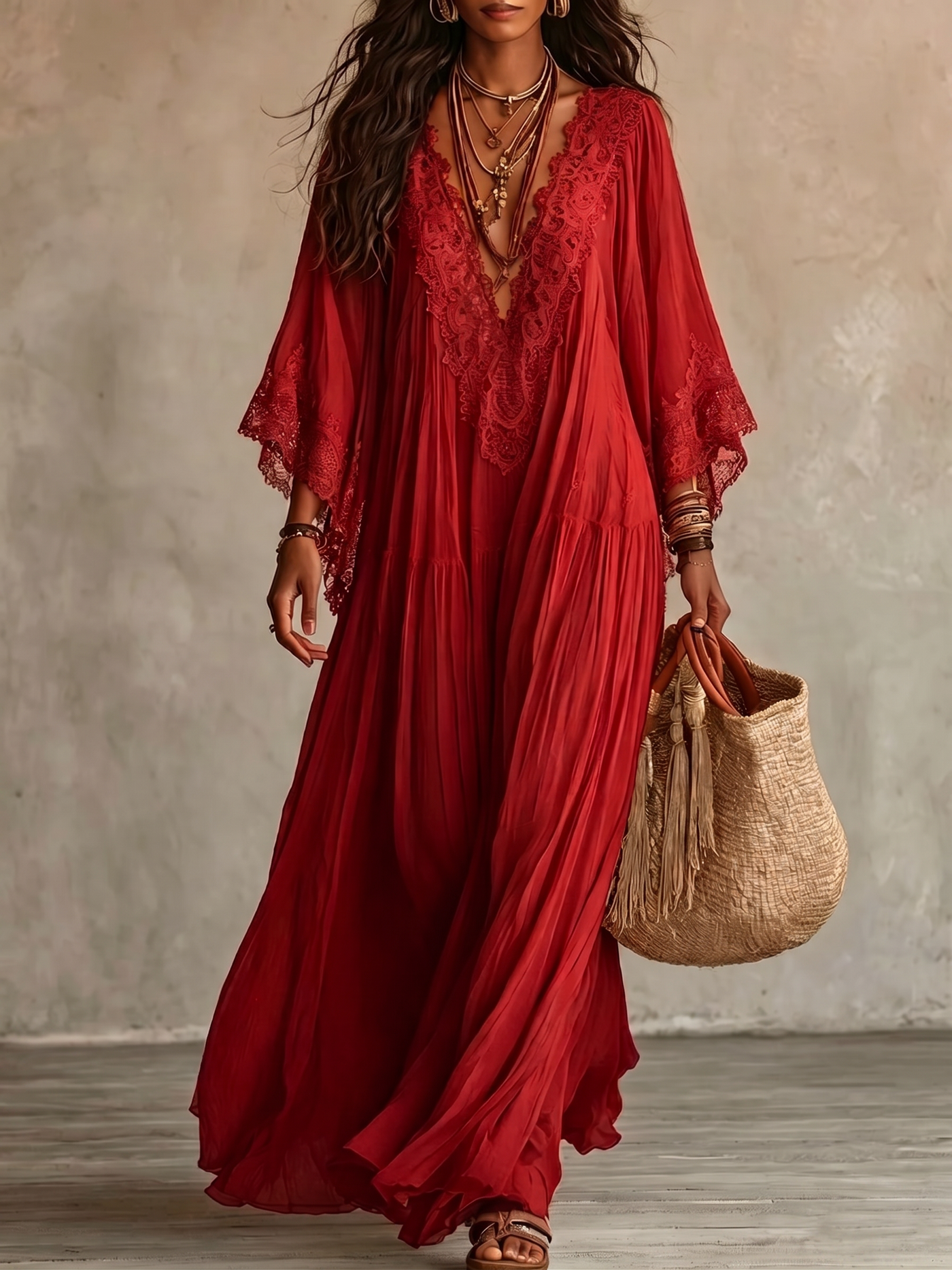 Maxi Boho Dress with Wide Sleeves and Embroidery | Bella di Roma
