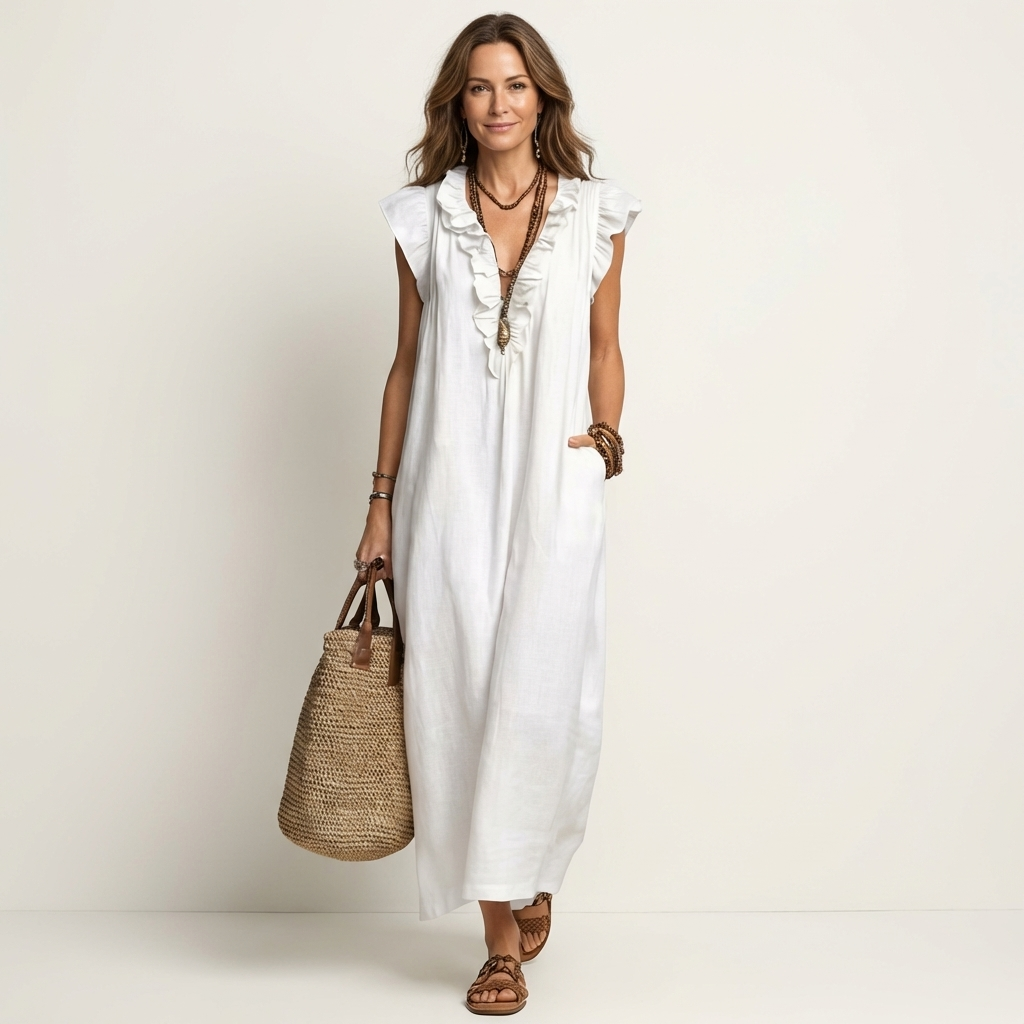 Amalia | Ruffle V-Neck Linen Maxi Dress