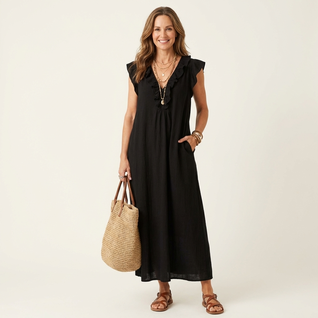 Amalia | Ruffle V-Neck Linen Maxi Dress