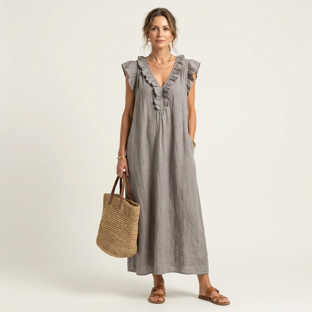 Amalia | Ruffle V-Neck Linen Maxi Dress