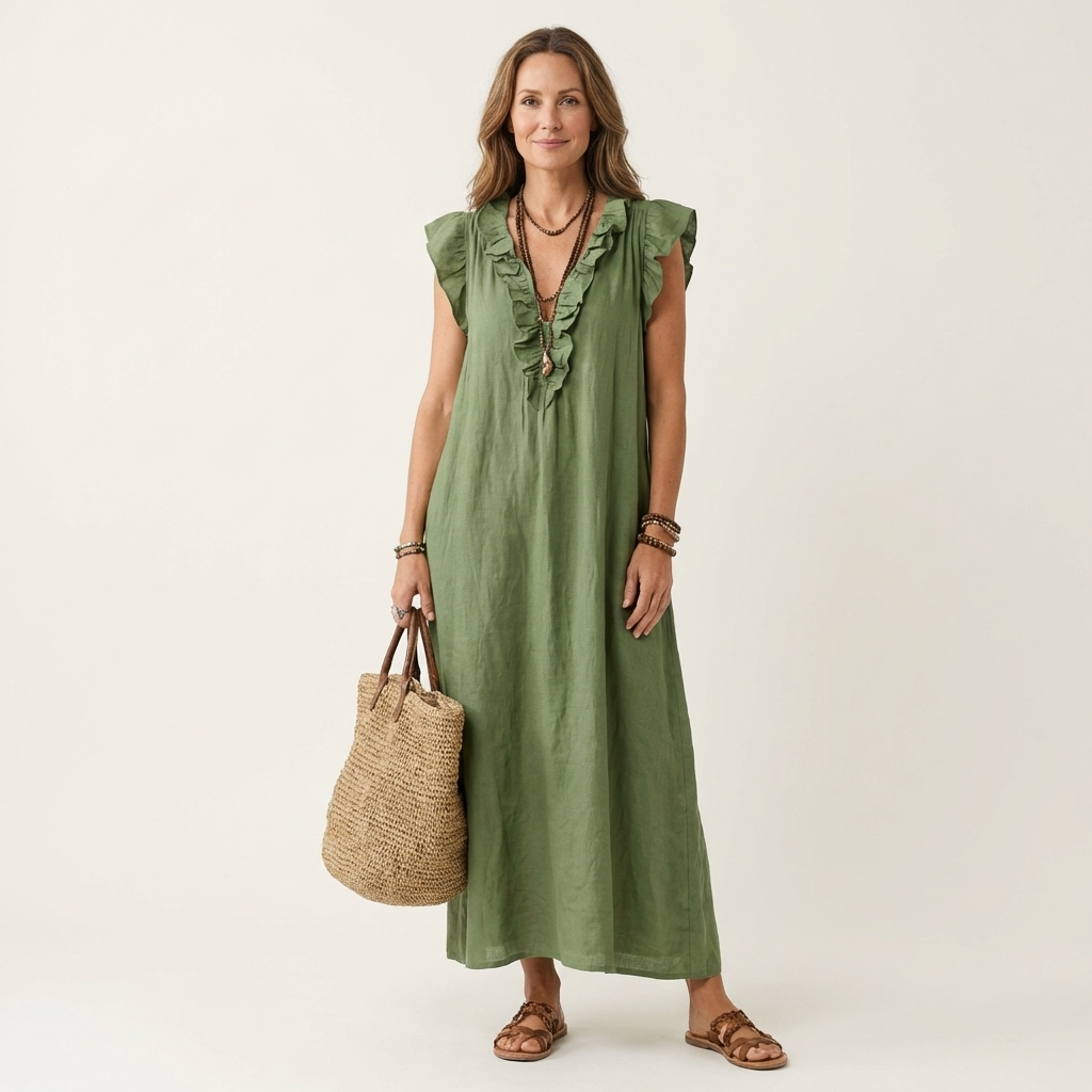 Amalia | Ruffle V-Neck Linen Maxi Dress