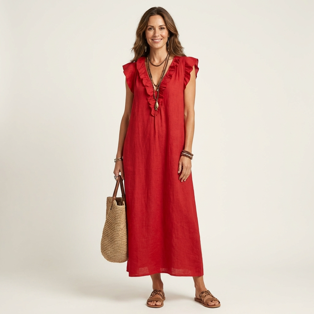 Amalia | Ruffle V-Neck Linen Maxi Dress