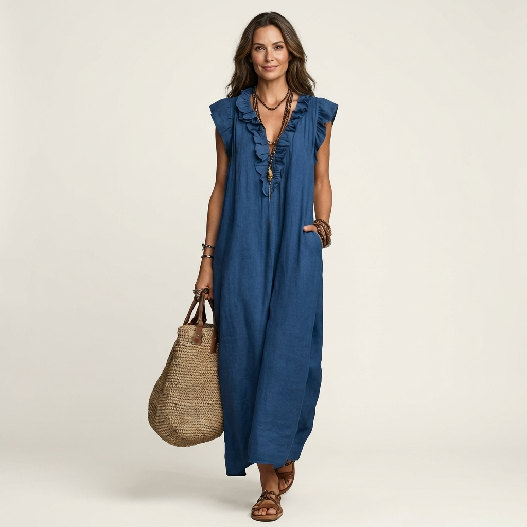Amalia | Ruffle V-Neck Linen Maxi Dress