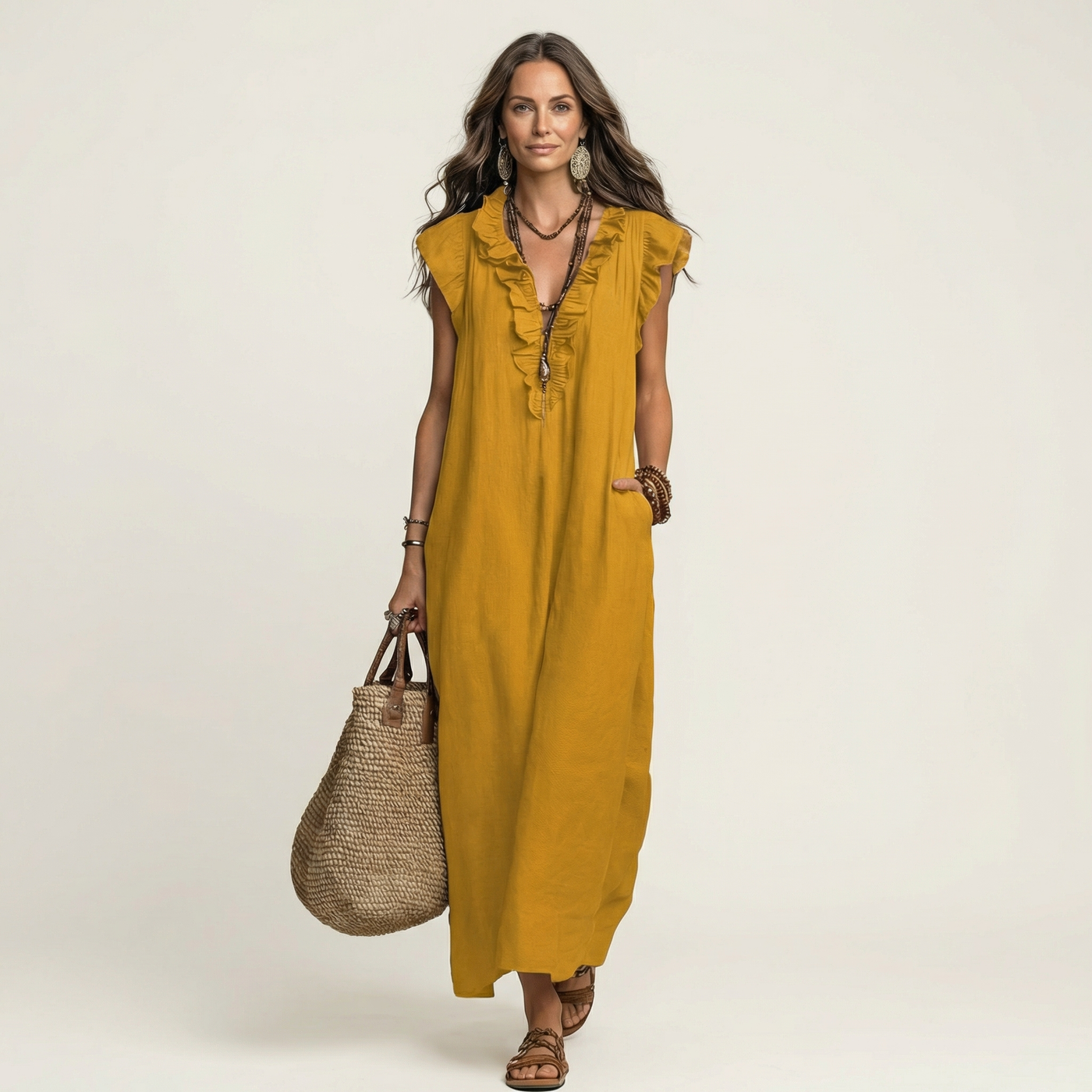 Amalia | Ruffle V-Neck Linen Maxi Dress