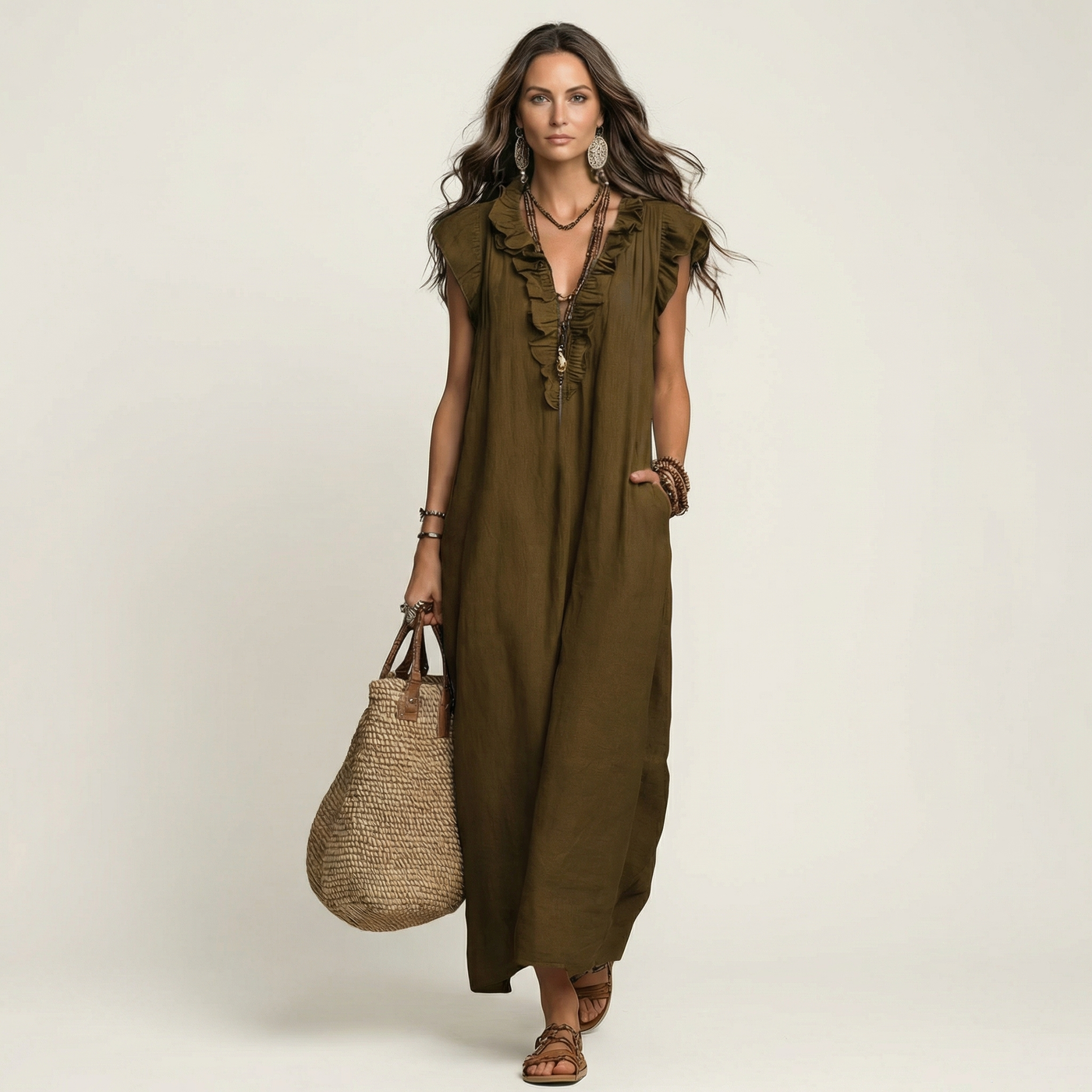 Amalia | Ruffle V-Neck Linen Maxi Dress