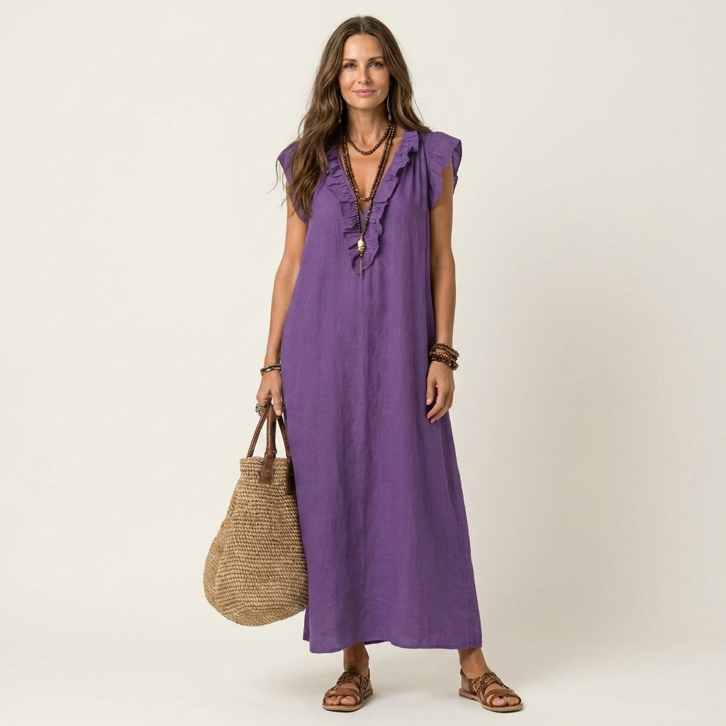 Amalia | Ruffle V-Neck Linen Maxi Dress