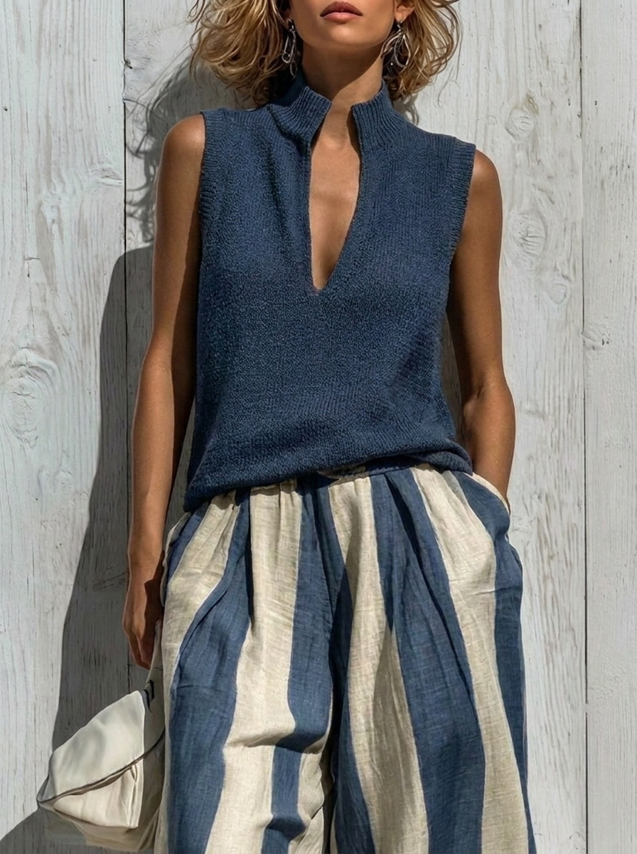 Complete sleeveless top and wide striped pants